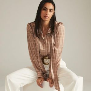 Mare Mare x Anthropologie Neutral Plaid Print Neck Tie Blouse Size XXS